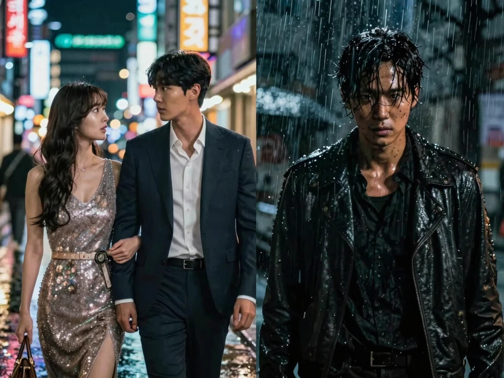 Movie Nurture: Split-screen illustration contrasting a colorful, romantic Korean drama scene with a dark, gritty, and intense Korean cinema thriller scene