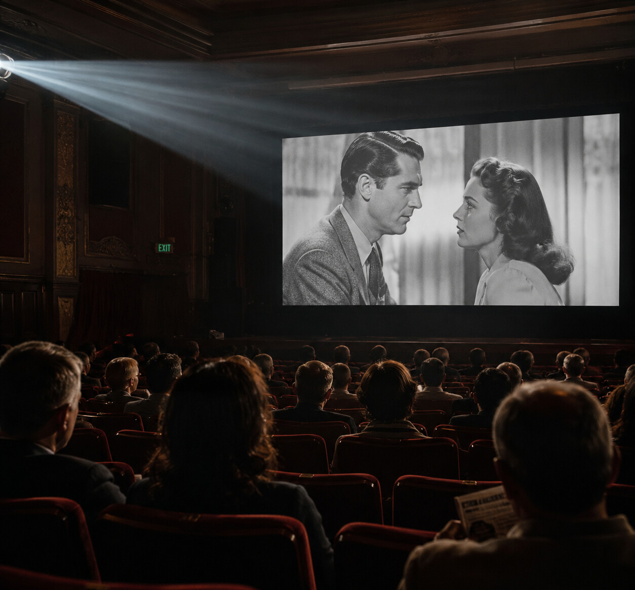 Movie Nurture :Audience watching a black and white classic film in an old cinema hall with projector light and dramatic shadows.