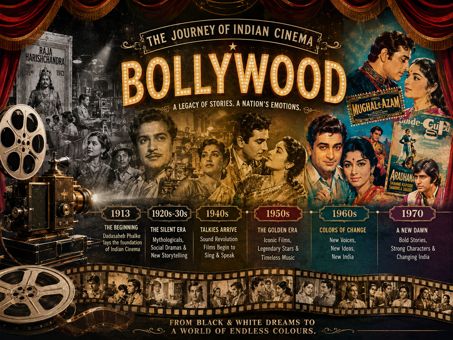 Movie Nurture: भारतीय सिनेमा का इतिहास 1913 से 1970 तक दर्शाता हुआ विंटेज फिल्म कैमरा, फिल्म रील और स्वर्ण युग का प्रतीकात्मक चित्र