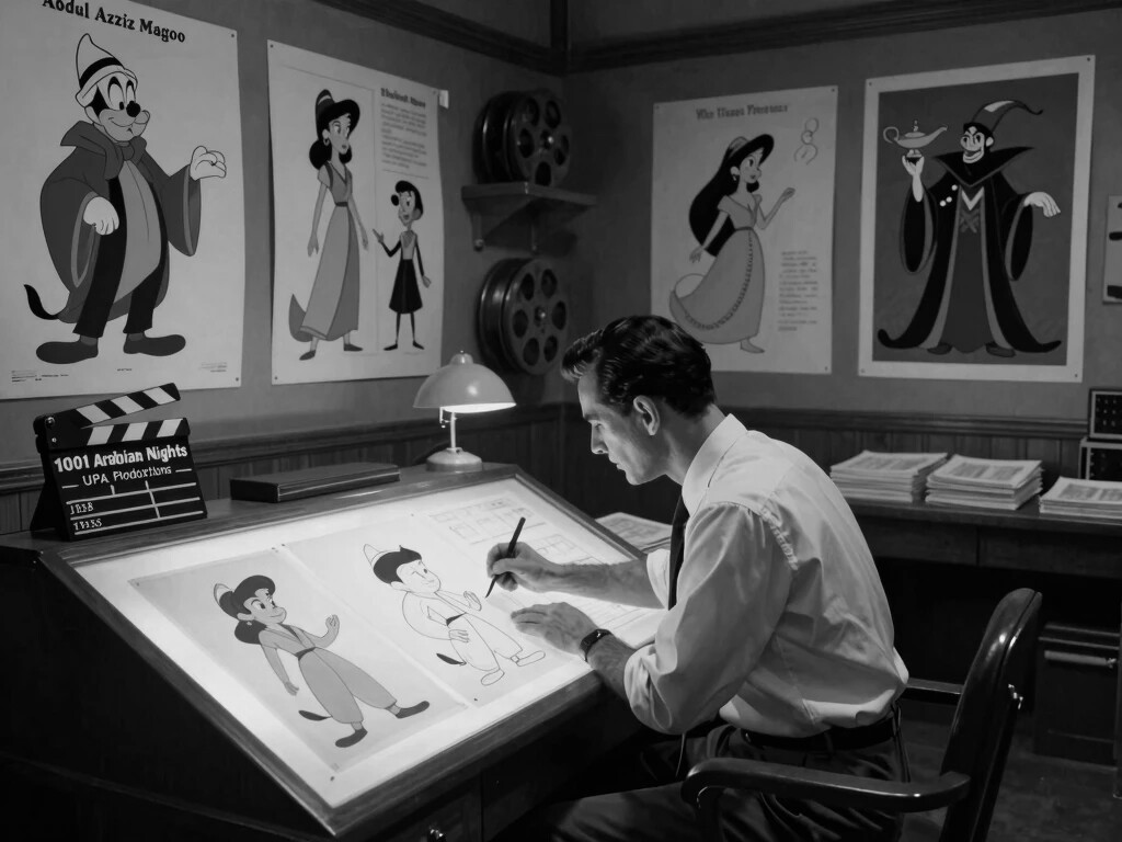 1958 का UPA Animation Studio — एक animator हाथ से 1001 Arabian Nights के Aladdin के frames बना रहा है, दीवार पर Mr. Magoo और Princess के character designs