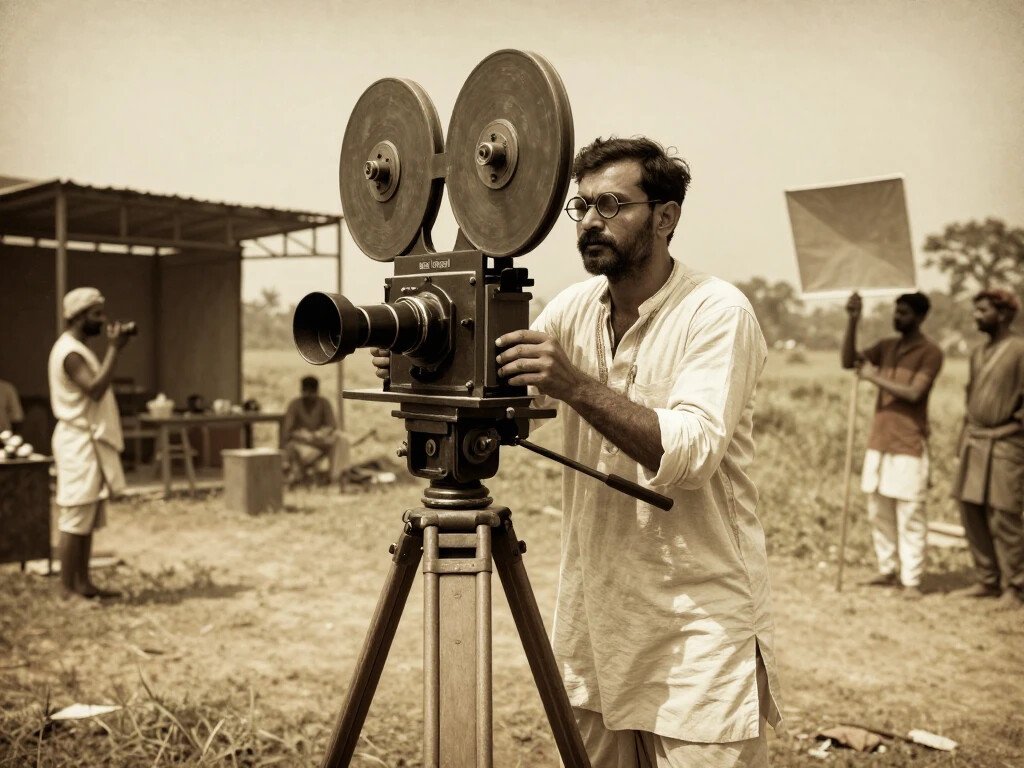 brass hand-crank Bell & Howell on heavy wooden tripod, dhoti-kurta and wire-rimmed glasses in intense focus, dusty midday sun over the open field with that glass-roofed makeshift studio and barefoot crew holding cloth reflectors behind, complete with grain and vignette.