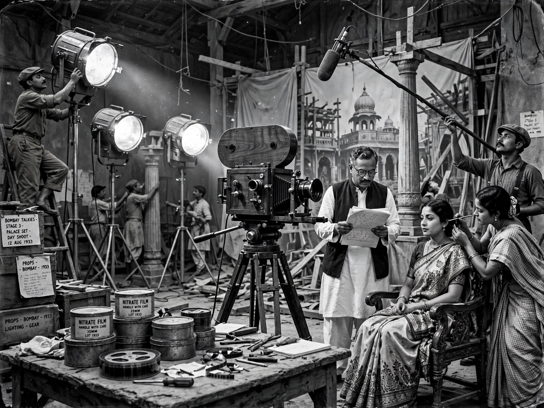1930 के दशक का एक भारतीय फिल्म स्टूडियो — Bombay Talkies जैसा सेट, भारी कैमरा, arc lights और हाथ से लिखी script के साथ काम करते फिल्मकार