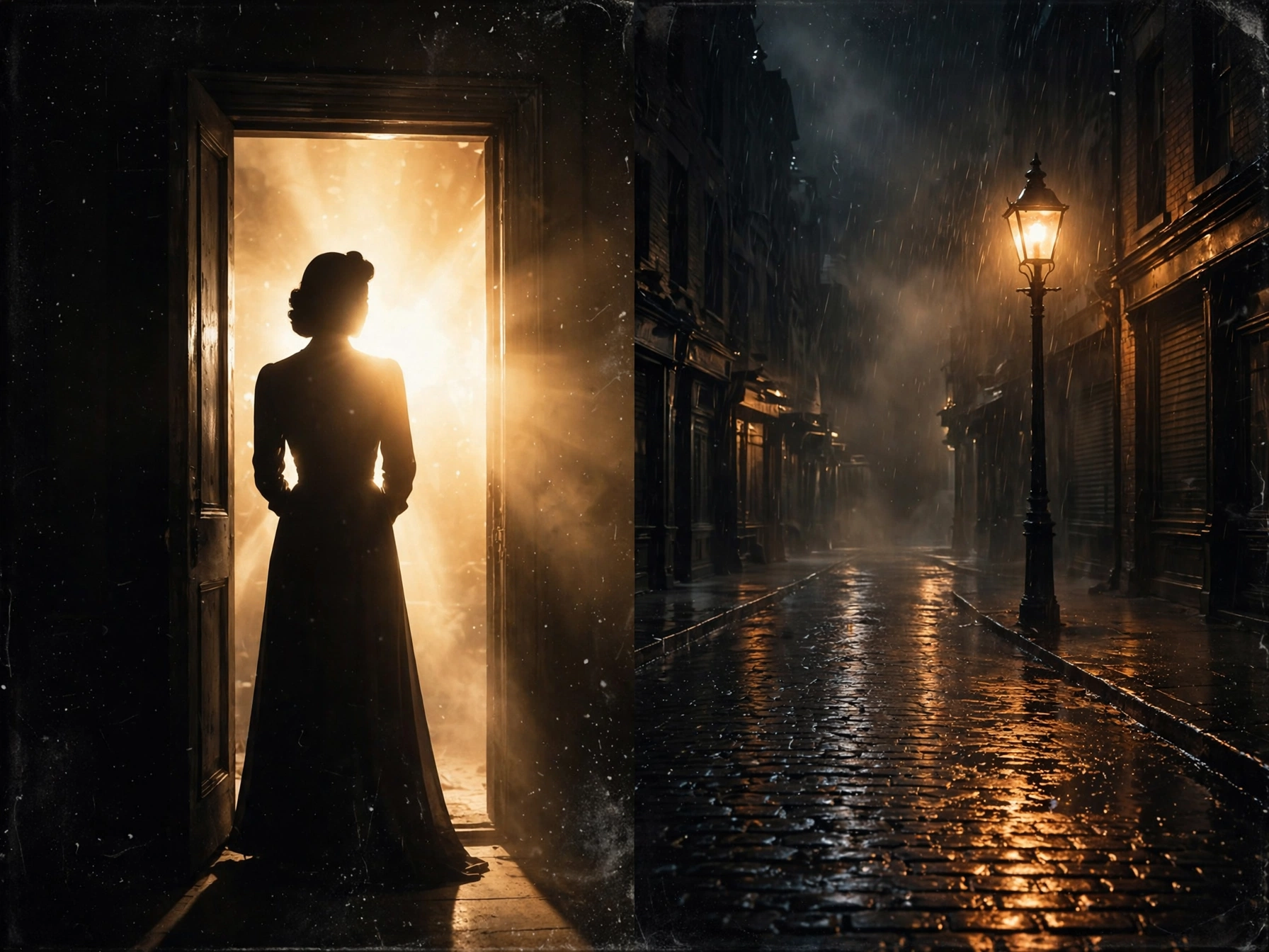 Movie Nurture:Dramatic film noir split image showing a silhouetted femme fatale in a doorway and a rain-soaked noir street — representing the misunderstood women of classic 1940s Hollywood cinema