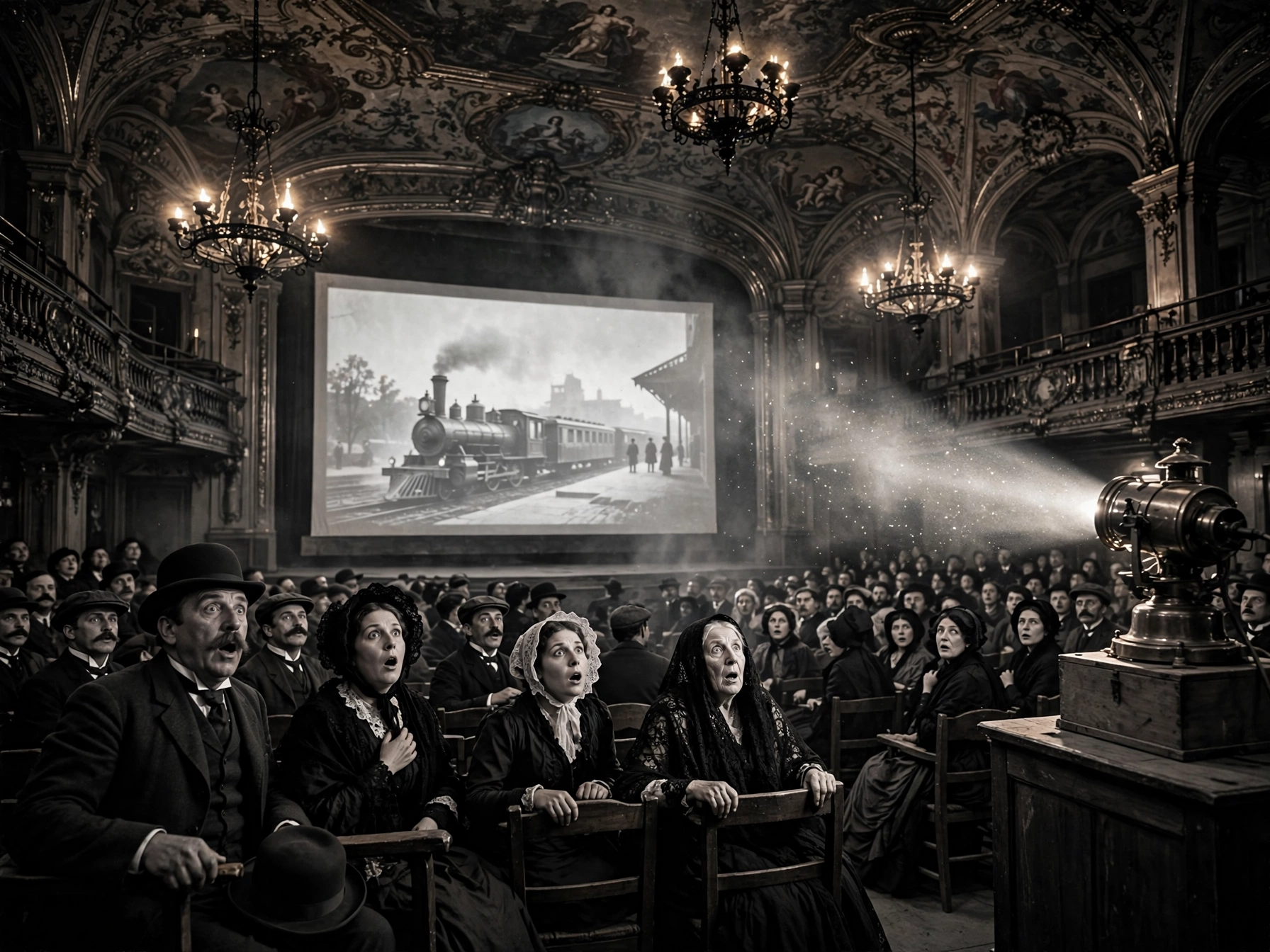 That 1896 Madrid moment is electric — the Lumière train on screen, projector beam cutting through dust, the baroque chandeliers above and that front row frozen in pure amazement.