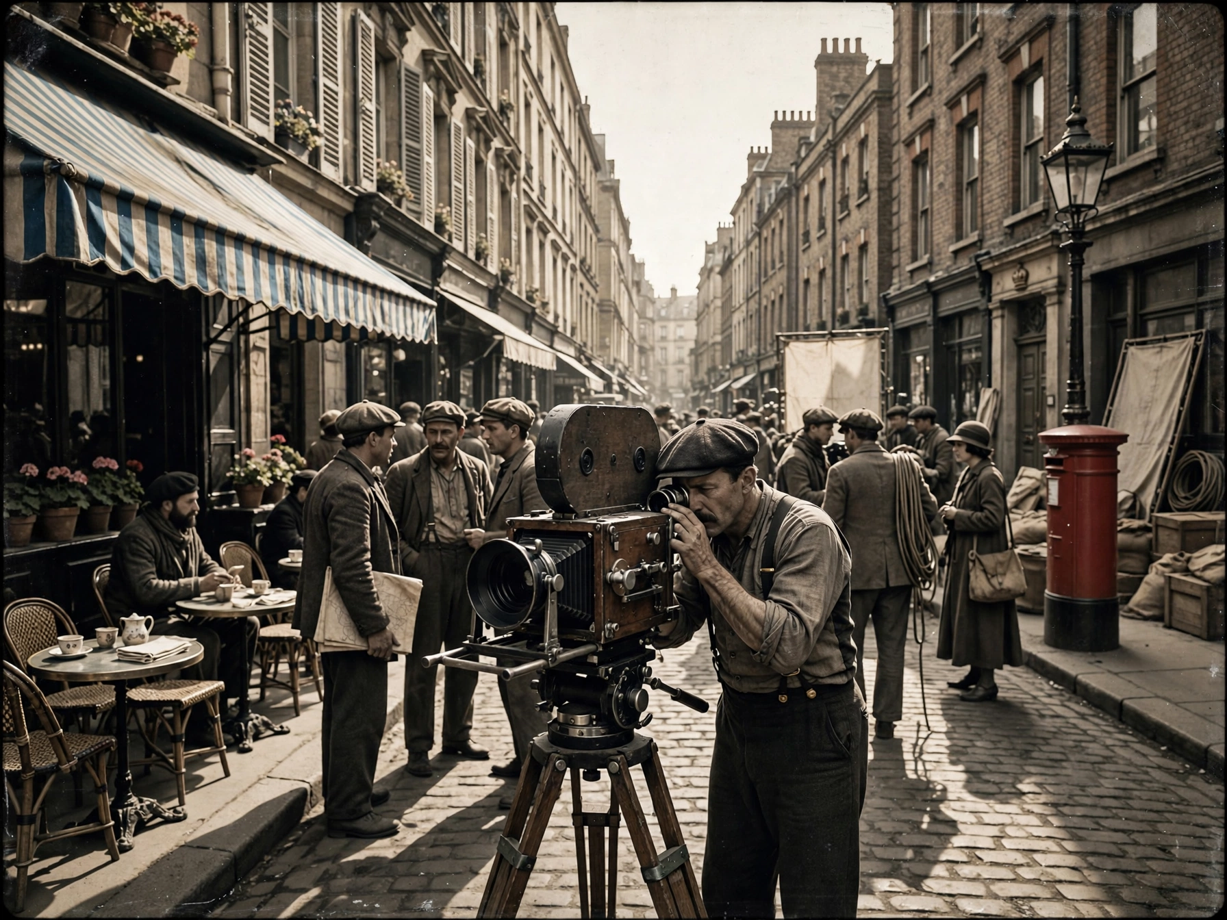 1920s के Silent Era में एक ही गली को एक तरफ़ से Paris और दूसरी तरफ़ से London बनाया जा रहा है — एक vintage film camera के साथ director और crew मौजूद हैं