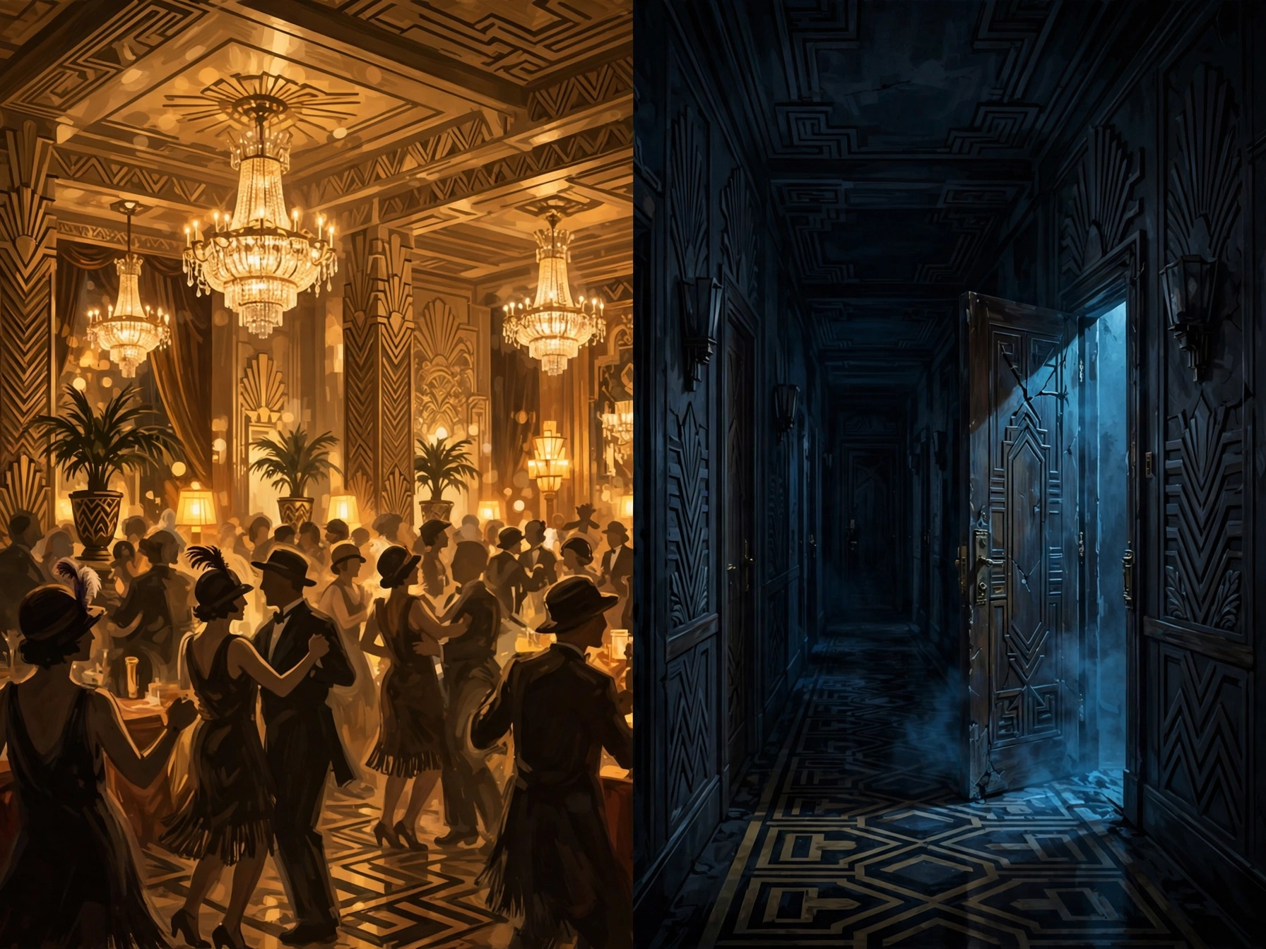 Movie Nurture:1920s Hollywood glamorous hotel party scene contrasted with dark ominous corridor representing the Silent Era biggest scandal of 1921