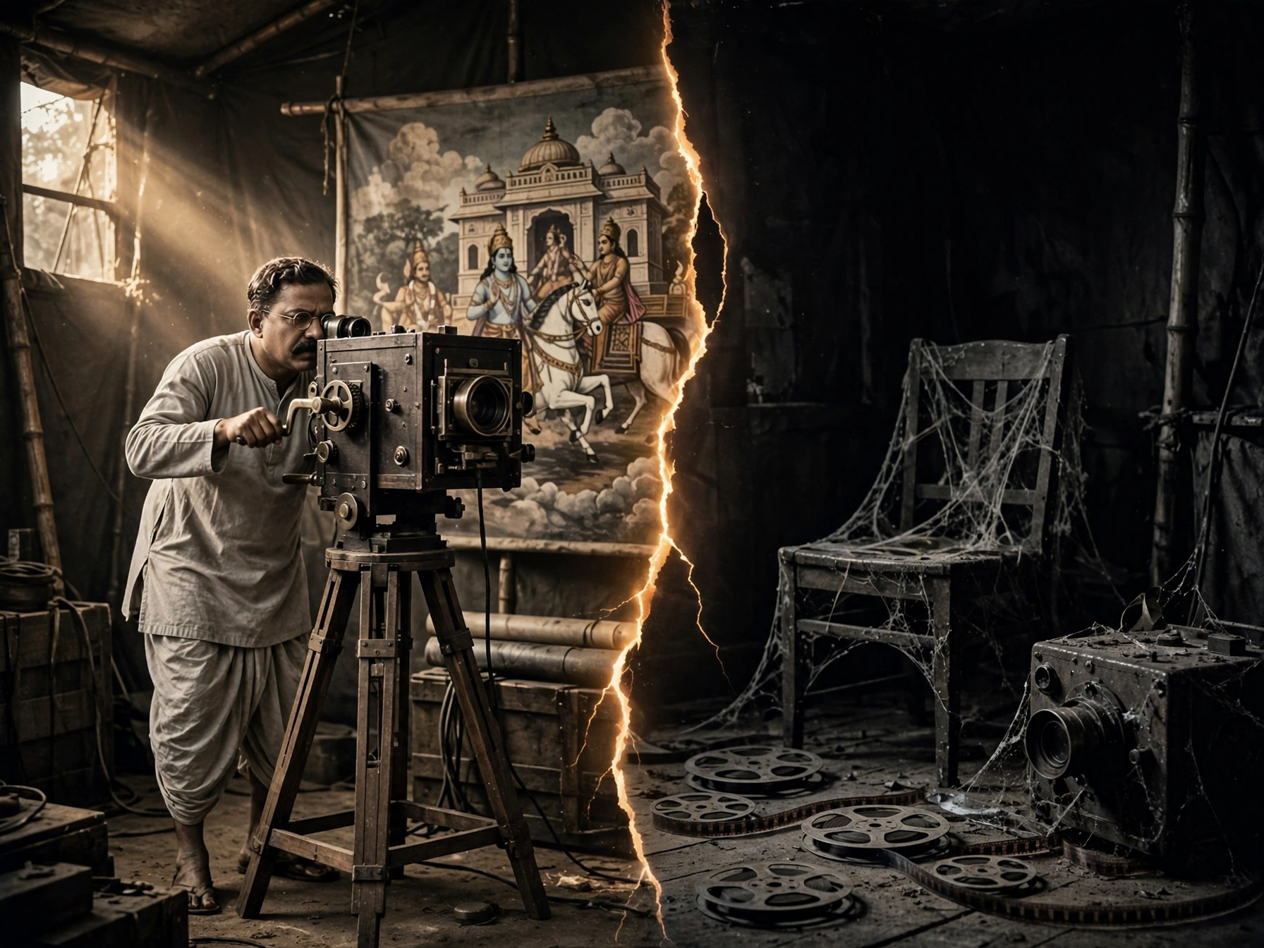 left in dusty golden sunlight, the filmmaker in dhoti-kurta and wire-rimmed glasses gripping the brass crank with conviction before the mythological canvas, then the vertical amber crack splitting reality, and right side sinking into forgotten grey, cobwebbed chair, dusty projector and scattered reels on the floor.