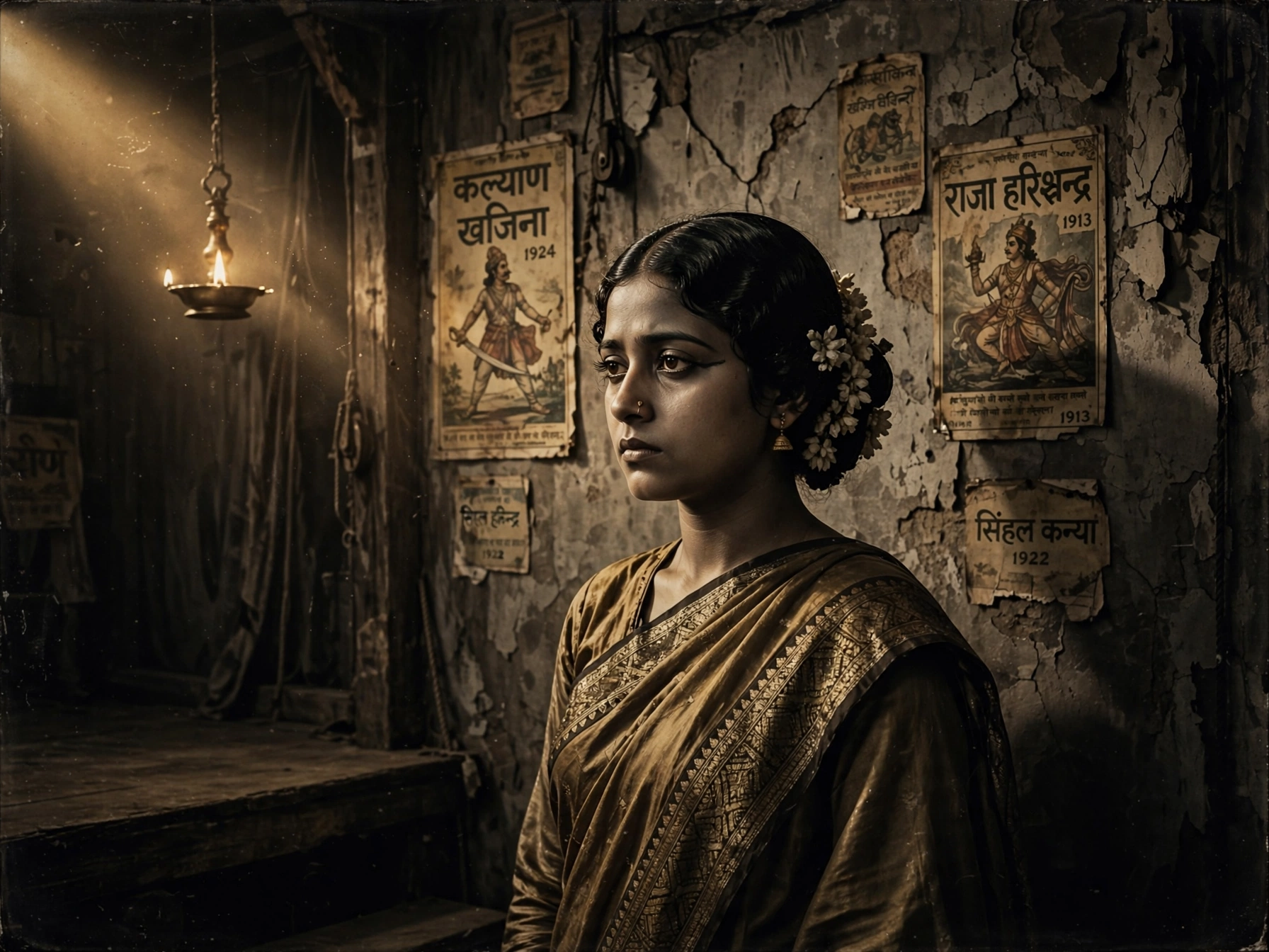Movie Nurture:1920s के पुराने भारतीय थिएटर के पर्दे के पीछे खड़ी एक भारतीय अभिनेत्री — जिसकी आंखों में दर्द और हिम्मत दोनों हैं — भारतीय सिनेमा इतिहास 1920s