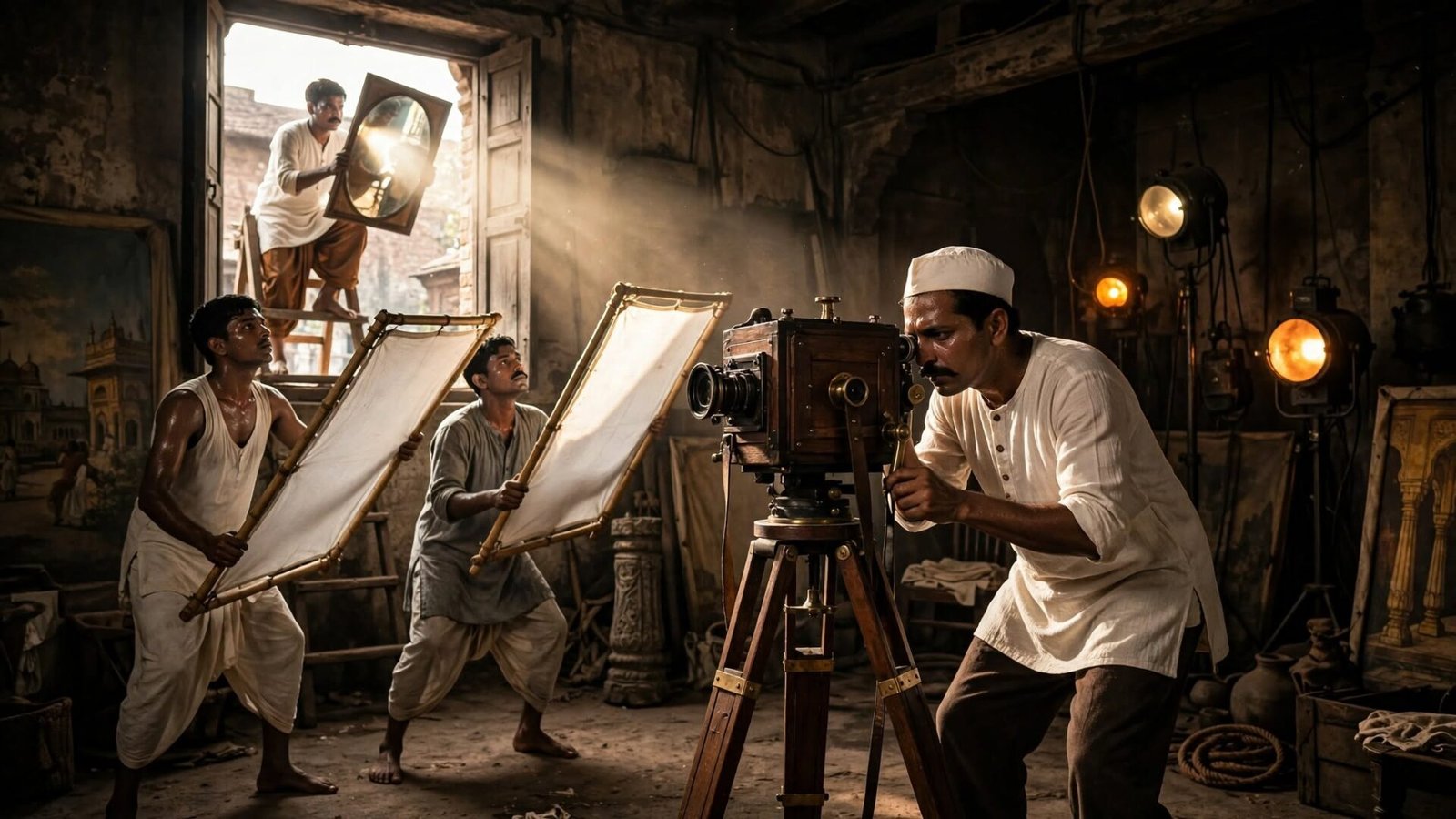 1920 के दशक के एक भारतीय फिल्म स्टूडियो में एक cinematographer हाथ-क्रैंक कैमरे के पीछे झुका है, असिस्टेंट सफेद कपड़े और आईनों से धूप को मोड़ रहे हैं — मूक सिनेमा की रोशनी के उस अनोखे जुगाड़ का जीवंत चित्र जिसने भारतीय सिनेमा की नींव रखी।
