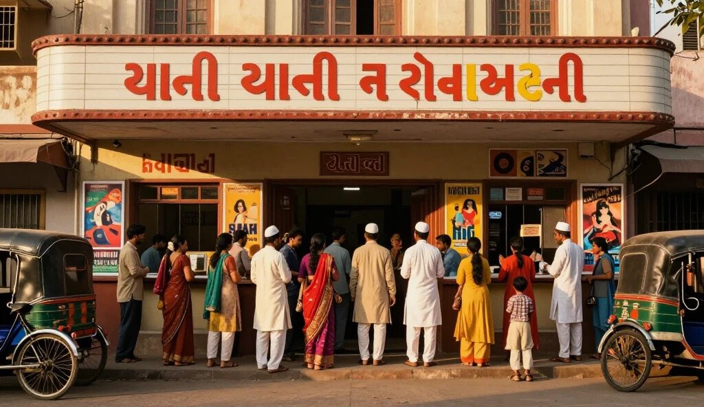 1970 के दशक में गुजरात का एक पुराना सिनेमाघर जिसके बाहर गुजराती दर्शकों की भीड़ जमा है, जो ढोलीवुड के सुनहरे दौर को दर्शाता है