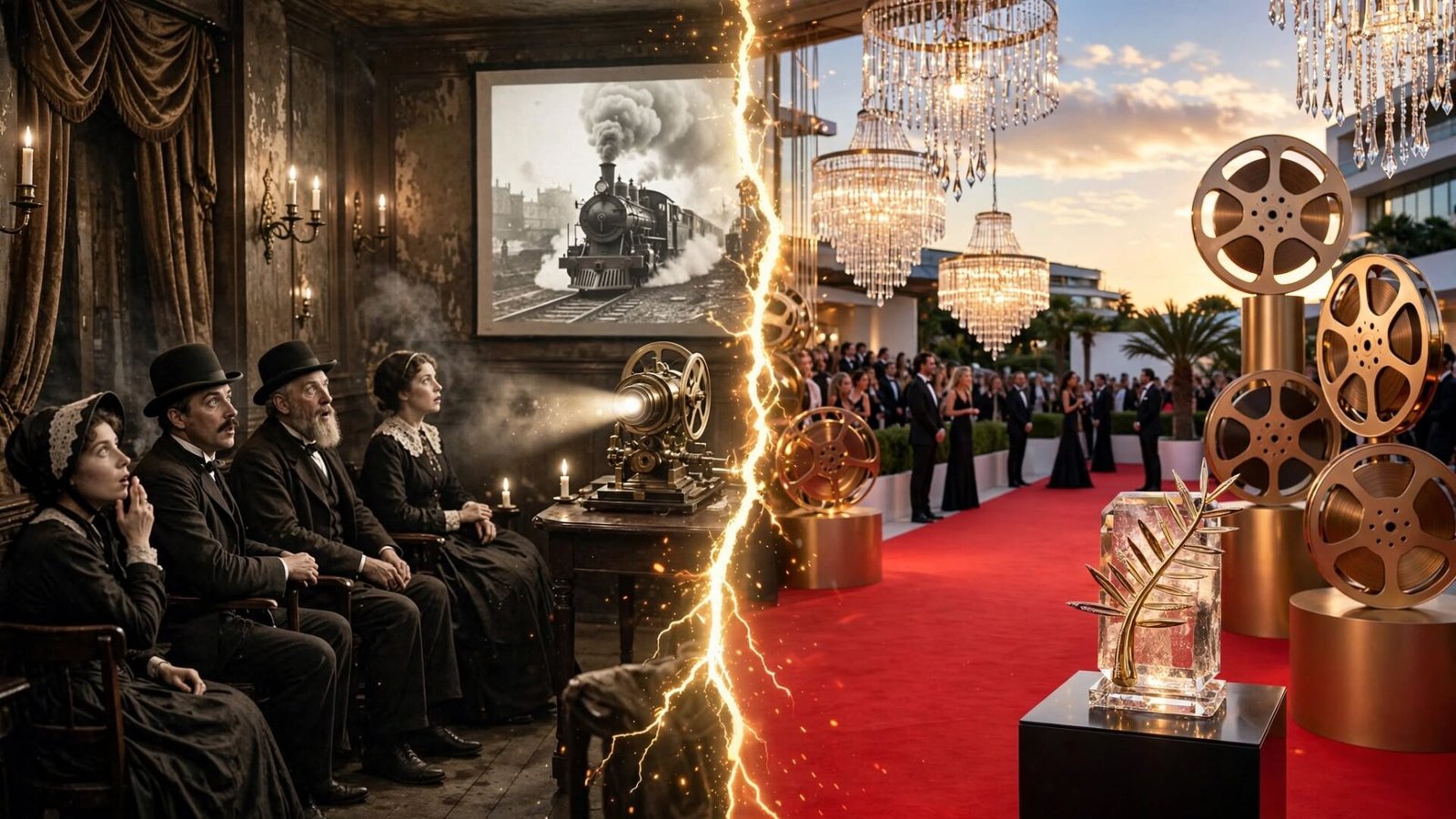 "1895 की पेरिस स्क्रीनिंग से Cannes Film Festival तक — फ्रेंच सिनेमा के 130 साल के सफर को दर्शाता एक cinematic split-image जिसमें vintage projection room और modern Cannes red carpet एक साथ दिखते हैं।"
