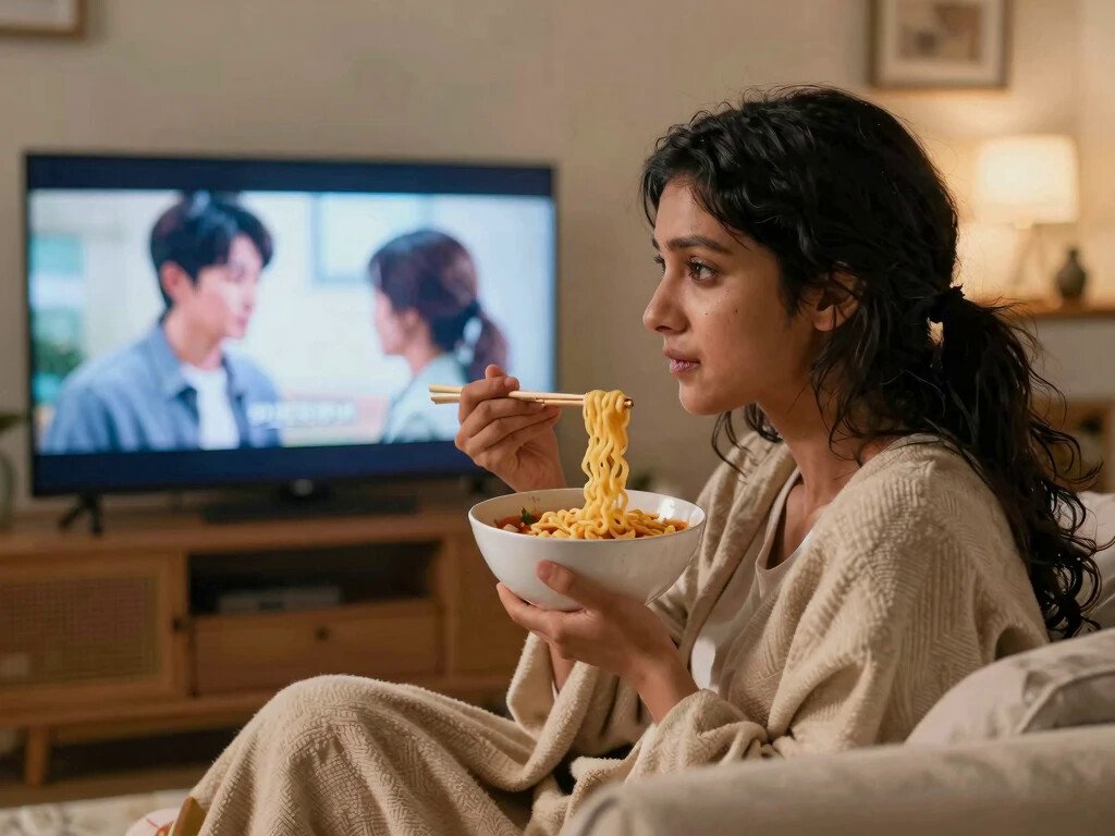 "एक भारतीय लड़की सोफे पर बैठकर रामेन नूडल्स खाते हुए टीवी पर कोरियन ड्रामा देख रही है।"