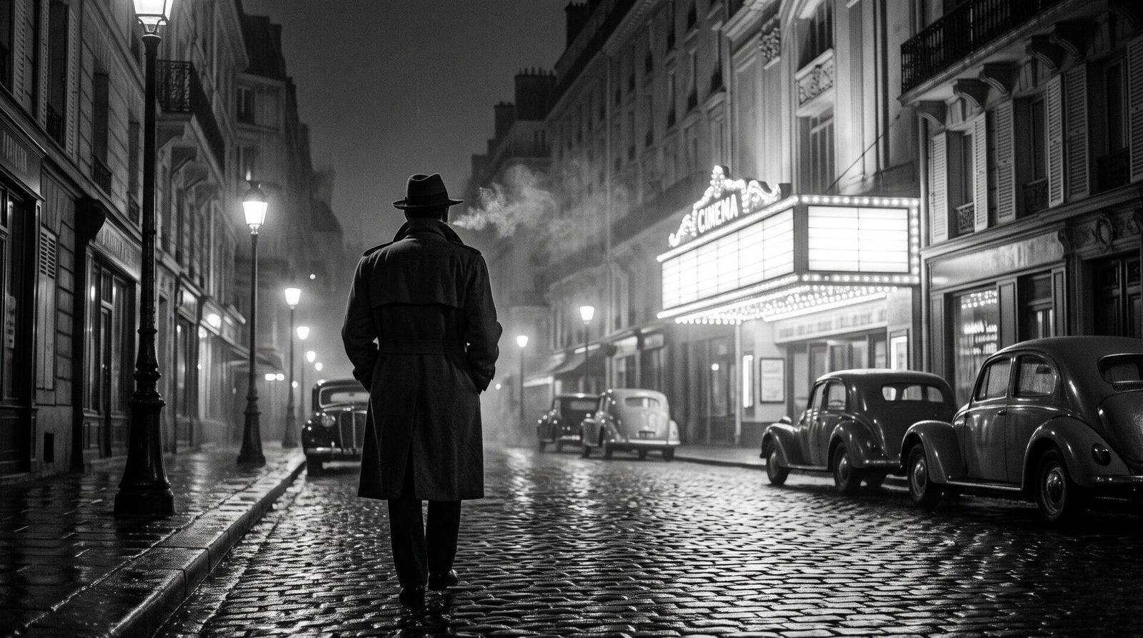 rain-soaked Paris street at night in 1946