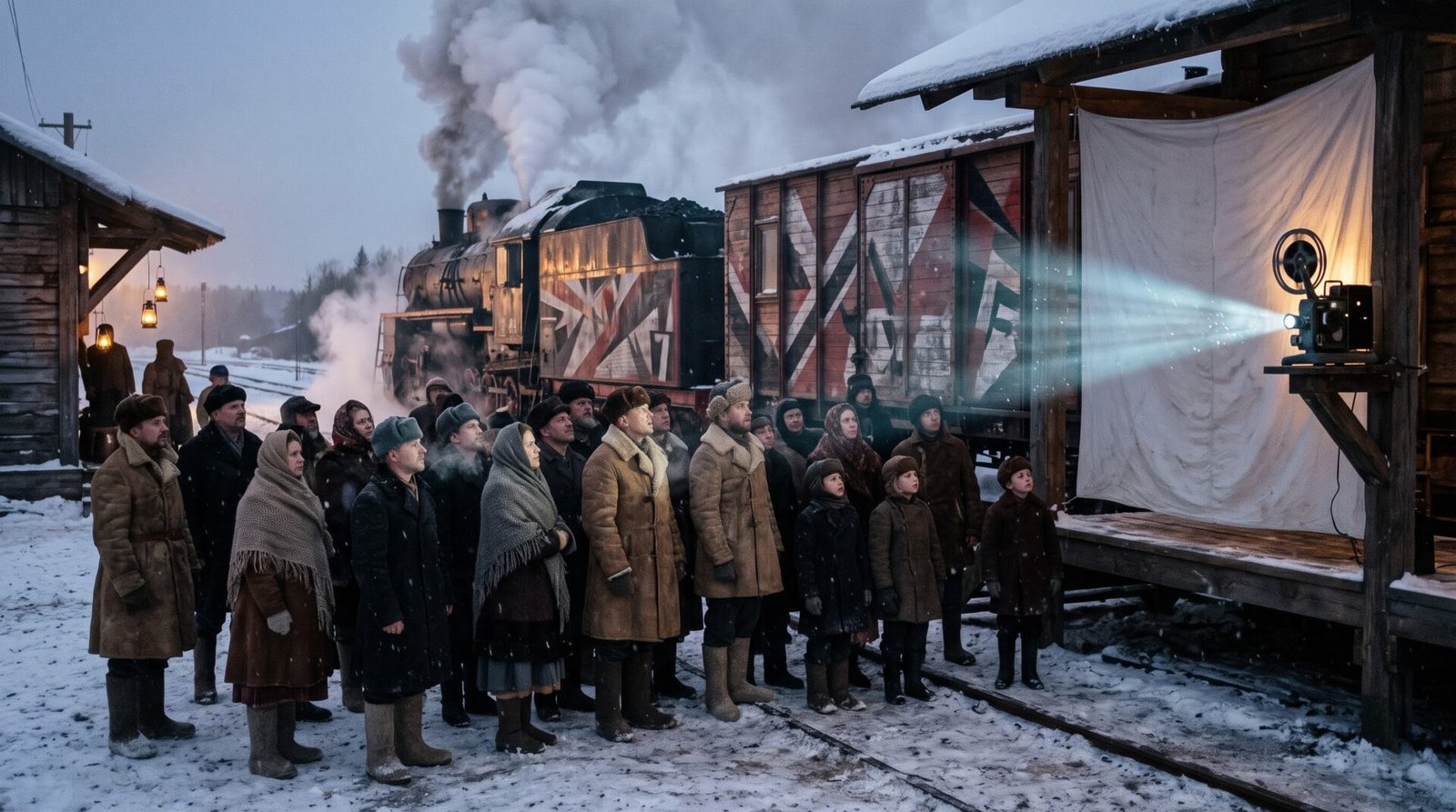 1920s Soviet agitprop train standing at a snowy rural station,